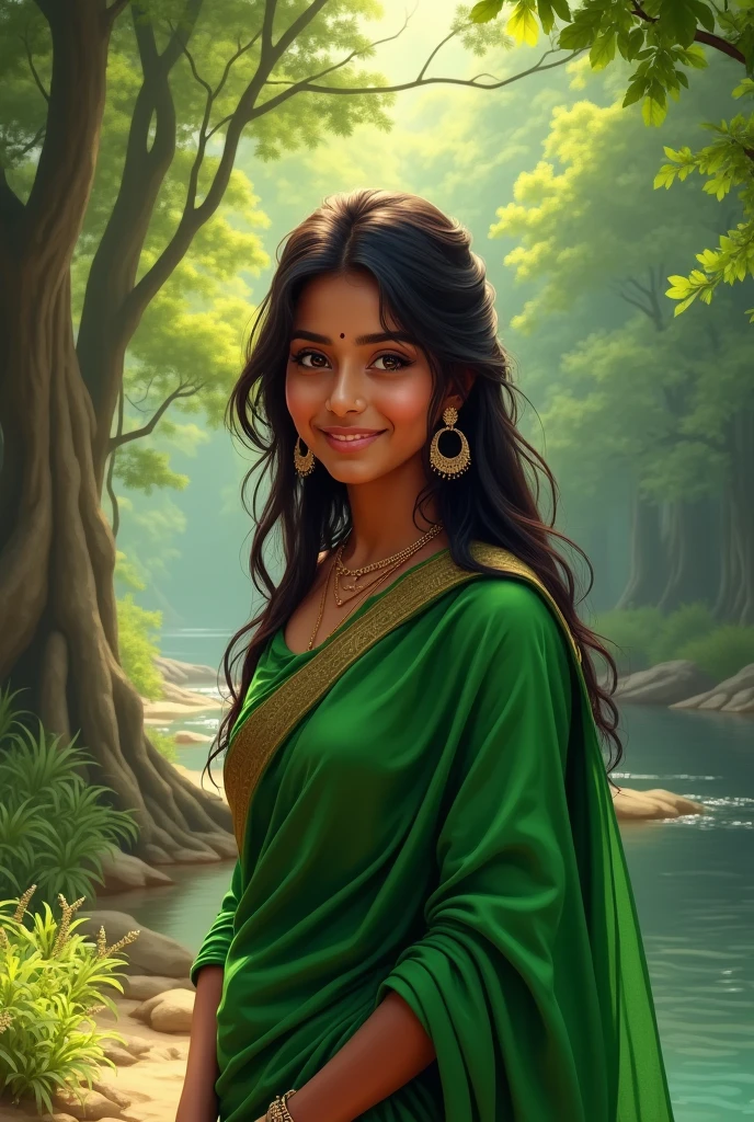 Desi girl, chubby face, jawline, charming face, black hair with blonde ends, green saree, city background