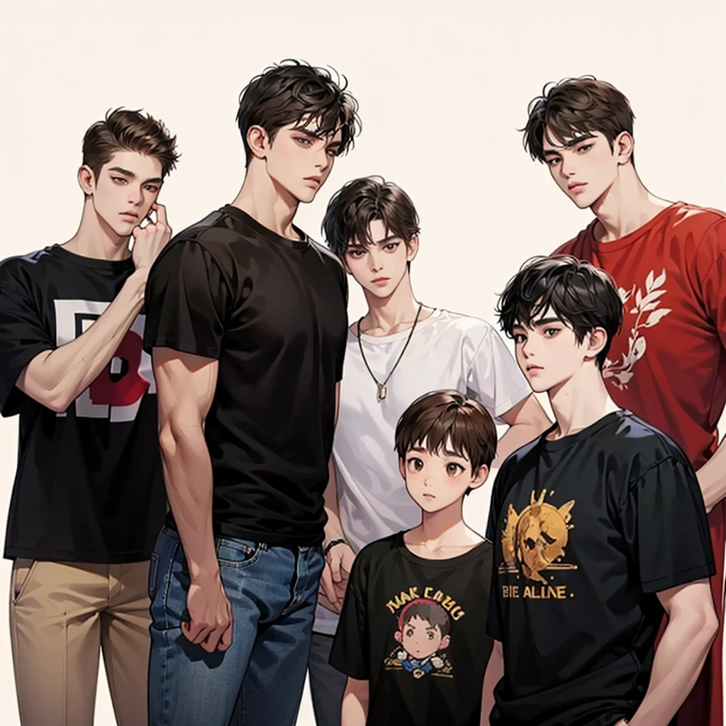 Four boys, black hair, brown eyes, brown background, high resolution, brown hair, stand in a line.., Wear a t-shirt, shut your mouth, handsome, cool,มองตรง