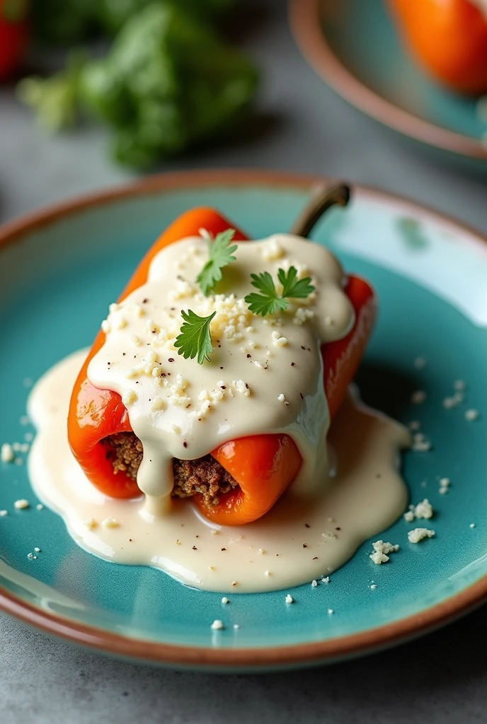 Chile enogada covered in white sauce served on a round, aqua-colored plate