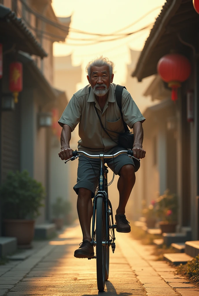 ( photo realism 1.2) photo realistic high detailed old Chinese male riding bicycle old Chinese town background shoulder bag white hair and goatee morning dusk sunlight effect smoke effect 80's photo filter morning mode short trousers messy hair cinematic view dramatic view