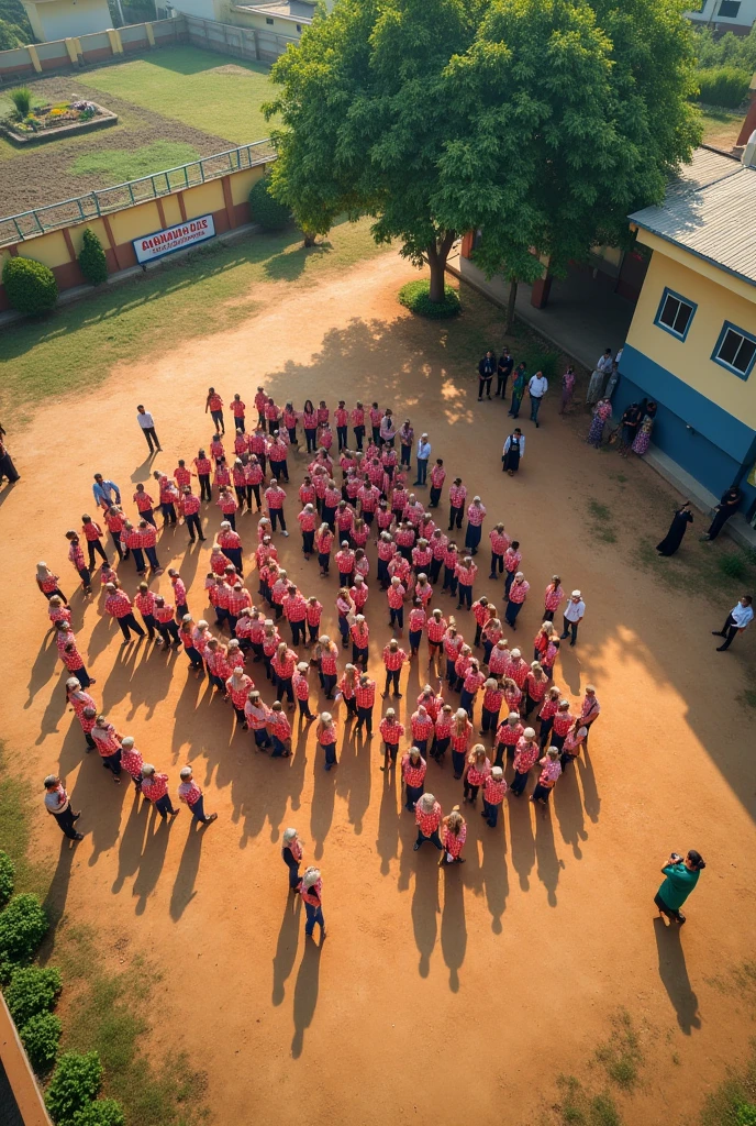 Create an aerial view image of a school ground, ground is soily and have little bit grass where students are standing in an organized manner, forming the letters 'A S B A H' with their bodies. Teachers stand infront of the students. School out side is farming land present. The scene should be set during a school event Independence Day of india celebration, with students in uniform. The background should include a school building with a visible sign reading in red colour 'ASBAH ENGLISH SCHOOL,' a mini garden, and a large tree. The atmosphere should feel vibrant and festive, reflecting the spirit of the celebration."
School building in right side of the image school have single floor with creamy yellow colour walls with blue colour bottoms. In the top of the image have mini garden. Bottom continuing the school building. Right side of the image have office room of the school sheded with big tree. 
Students uniform colour orangish pink small box checker shirt and navy blue pant. Students full the ground few students made border line around letters.
15 Male Teachers uniform creamy yellow colour shirt and black pant. 20 Female teachers in Muslim black nakab and creamy scarf. A tri colour Indian flag hosted on the school building.