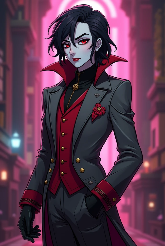 (Hazbin hotel toon style) In Hazbin Hotel, Amadeus has a striking appearance with a crimson and grey outfit, reminiscent of a pianist complete with leather gloves and a stylish fox-themed jacket. His hair is shoulder lenght, straight and dark, Amadeus' skin is pale white.
