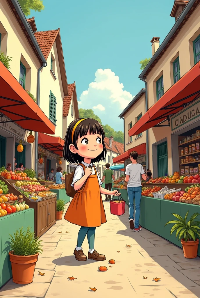 créer une couverture de bande dessinée , type bande dessiné des Martine de casterman en 1970 de gabriel Delahaye. on voit une de 8 ans faire le marché.
ECRIRE le titre de la couverture " Emilie fait son marché à Entre-Deux-Guiers " + " Le Vendredi"