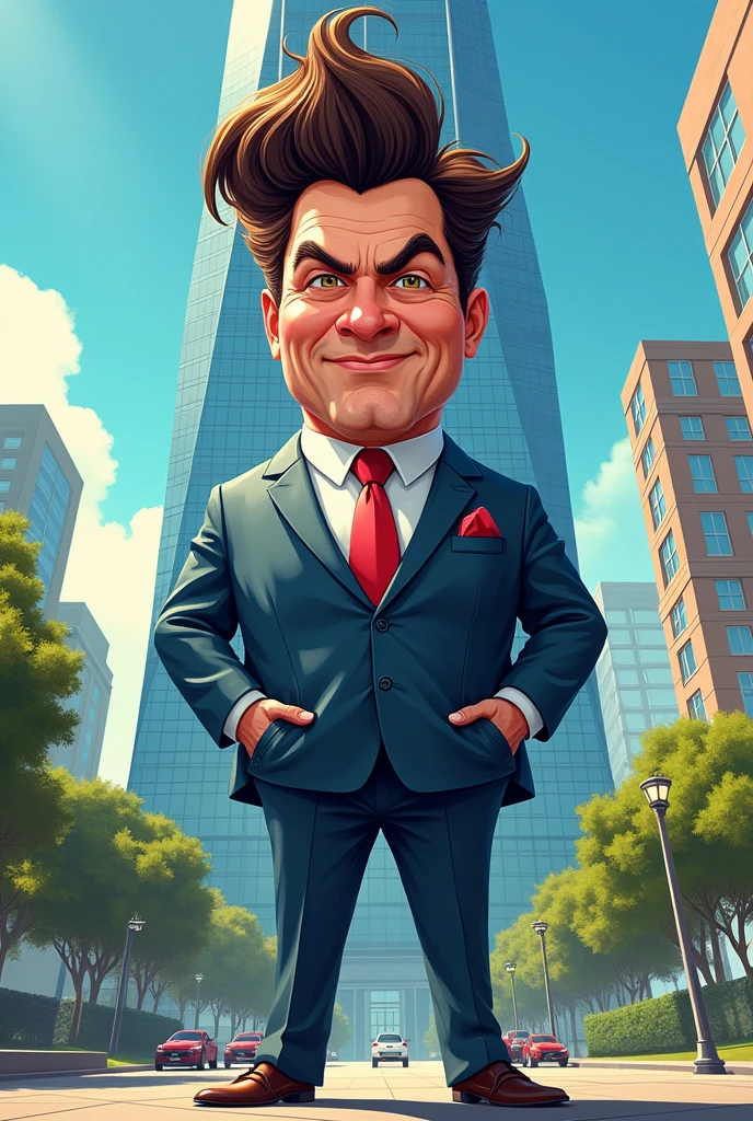 A caricature of a bombastic, larger-than-life figure with a distinctive hairstyle that defies gravity, a sharp suit that is slightly too big, and an exaggerated facial expression of confidence mixed with self-importance, standing in front of a towering skyscraper, with the city skyline in the background, vibrant colors, during a sunny day, shot with a Sony A7R IV, 28mm lens, with a comic-style color palette.