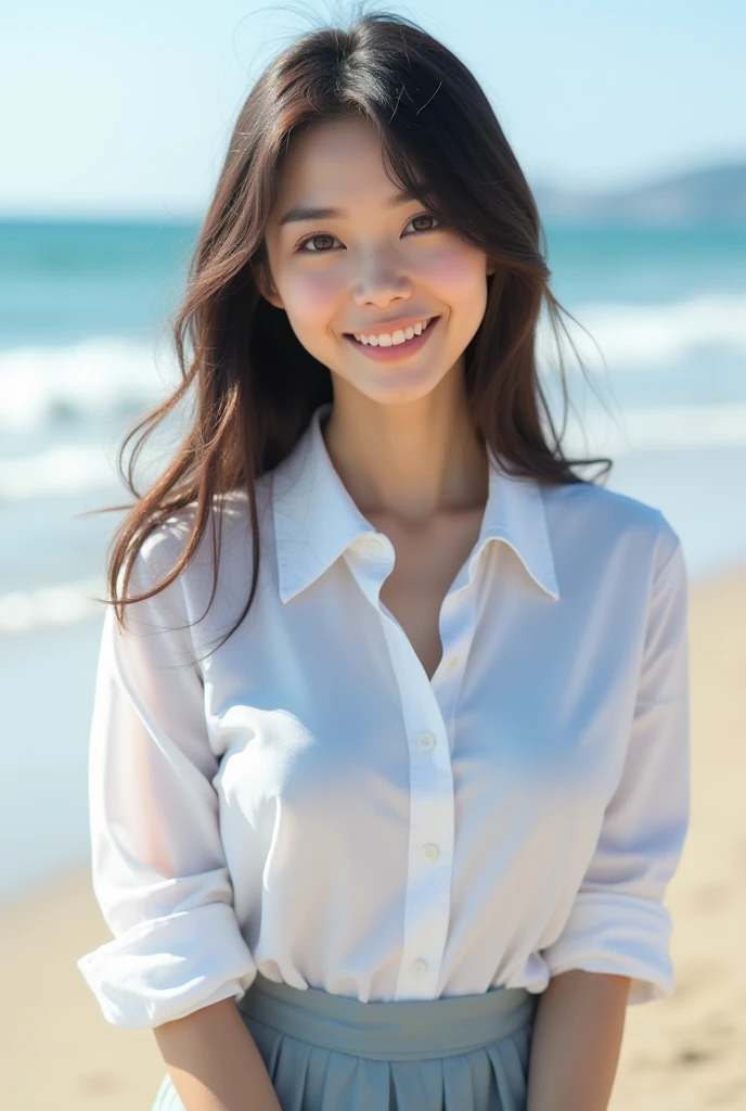 ((Highest quality)), ((masterpiece)), (detailed), Perfect Face,2 Japanese women,Teenager without makeup,Full body standing,Clean up to the toes,Huge breasts:1.3,Huge breasts:1.3,High bust top:1.3,Hard, Round Breasts:1.3,White shirt,Long skirt,((No Pat,Very good)),Bright smile,Soft sunlight on the beach,Thematic Depth,Clear focus,Natural and soft light
