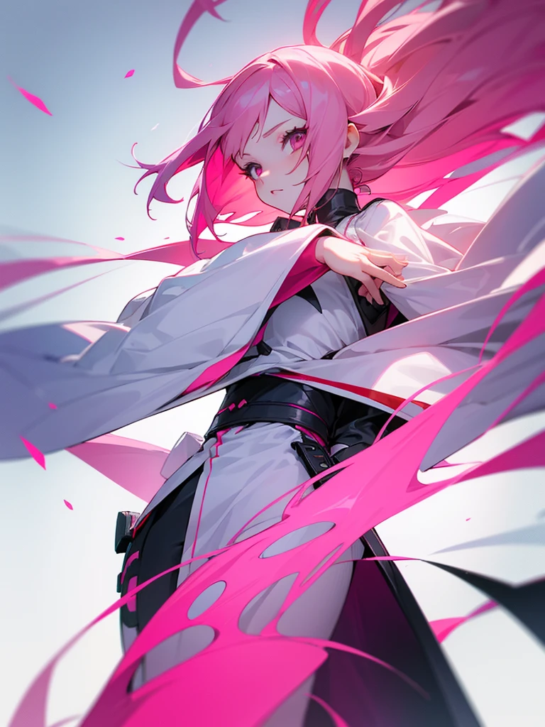 Young girl with long, uncovered pink hair, White skin, wearing a short-sleeved coat-type garment that covers her hips, anime style, front image, The clothes have intense colors that reflect deep love.
