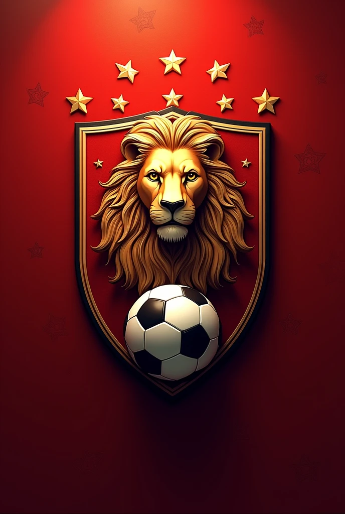 Create a shield for a football team with the Lion of Judah, add a soccer ball, add red color with stars from the city of Londrina, Paraná. 


