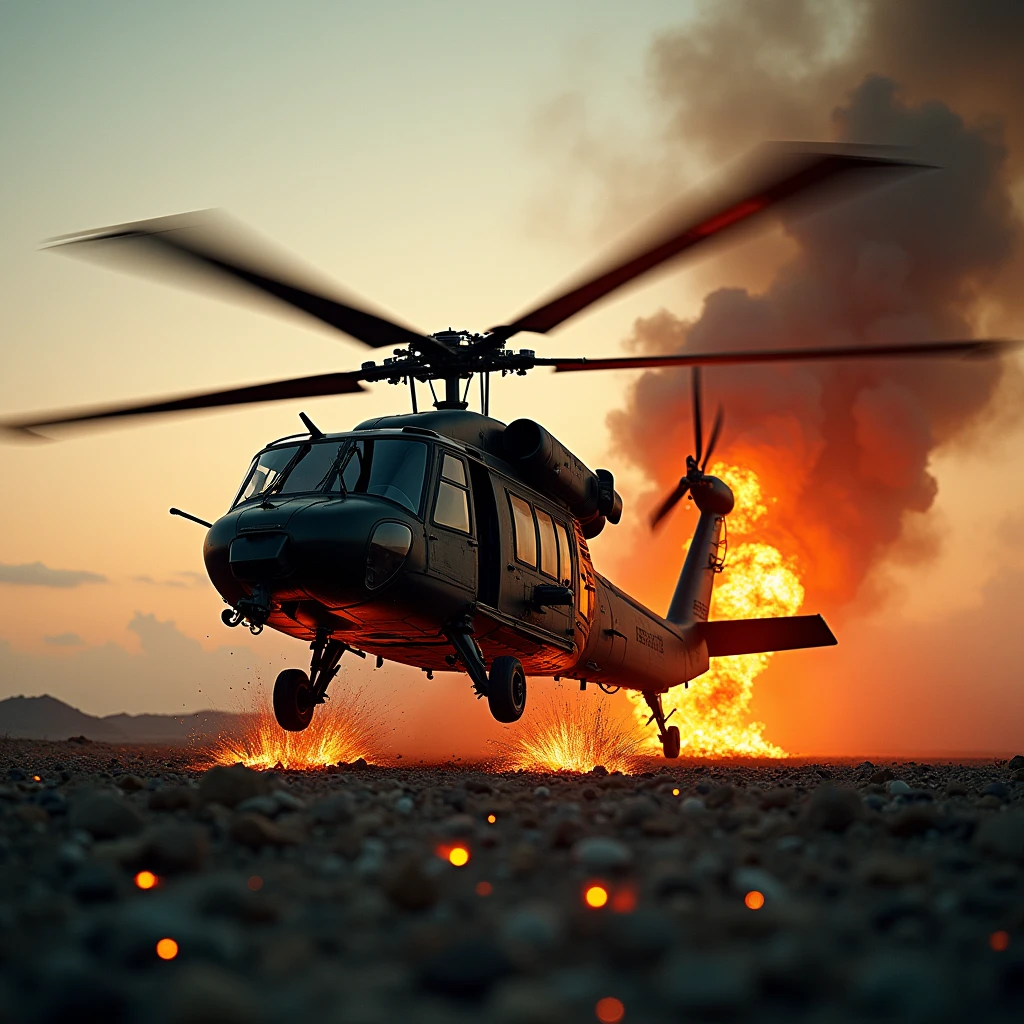 high resolution, best quality, backlit, Side corners, Masterpiece, precise, damaged, โมเดลhigh resolution, Highly detailed, high resolutionสุด, The Black Hawk helicopter was shot down and its blades exploded., There are explosives all around the Black Hawk helicopter,film lighting, film lighting, 