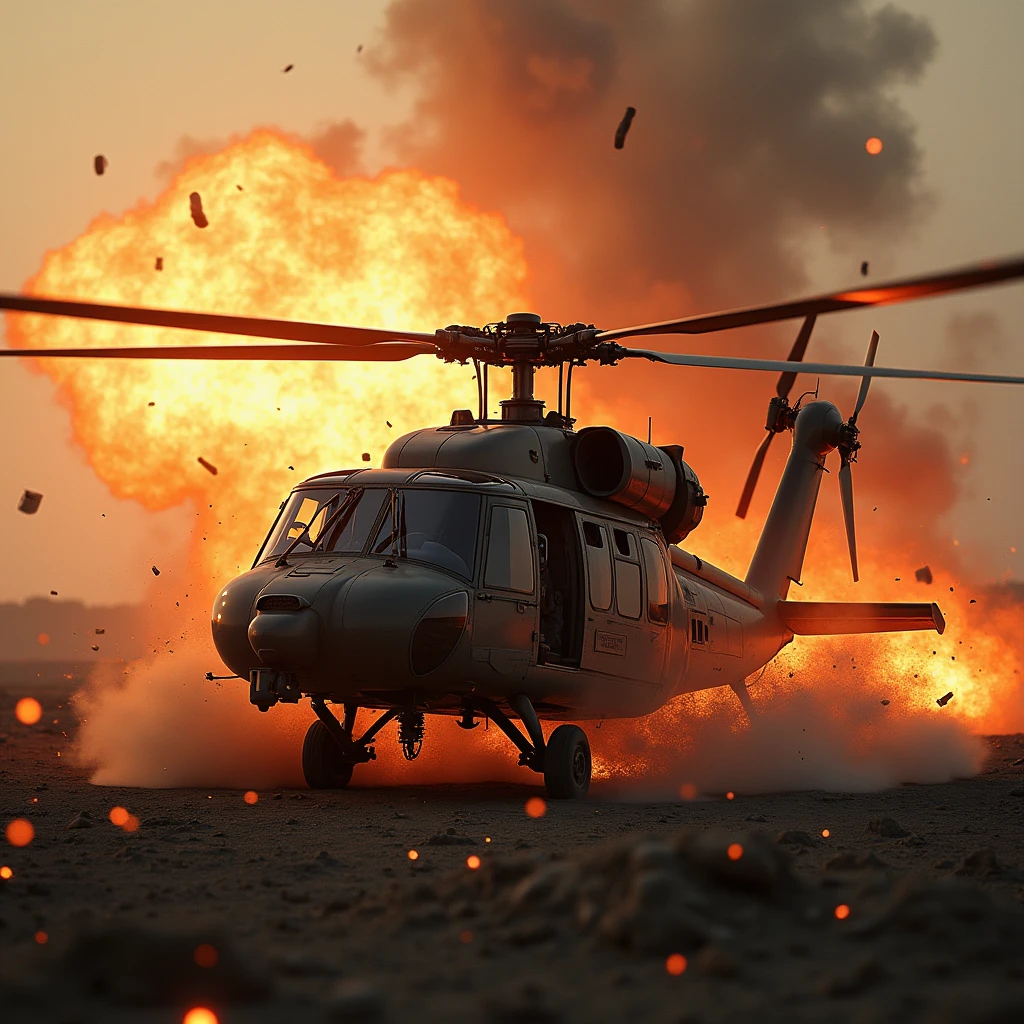 high resolution, best quality, backlit, Side corners, Masterpiece, precise, damaged, โมเดลhigh resolution, Highly detailed, high resolutionสุด, The Black Hawk helicopter was shot down and its blades exploded., There are explosives all around the Black Hawk helicopter,film lighting, film lighting, 