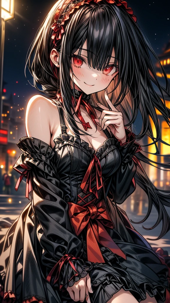 Very detailed, highest quality, masterpiece, gravure body type, medium breasts, moody angle, cowboy shot,( 1girl, solo:1.5), aakurumi, long hair, twintails, hairband, heterochromia, red eyes, yellow left eyes, clock eyes, left pupils clock style, medium breasts, cleavage, black choker, red ribbon, bare shoulders, gothic, red dress, red bow, detached sleeves, very detailed background, outdoors, smile, Confident posture, night, city,( Clock tower in the background), wind