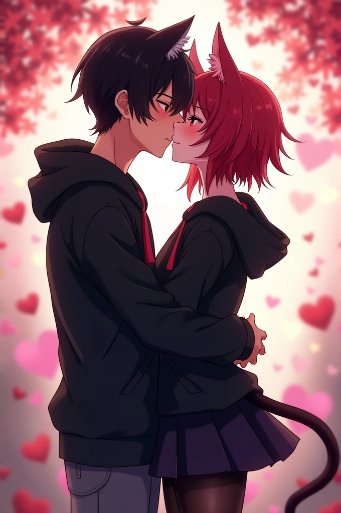 Anime drawing of a male femboy character with red hair and cat ears, wearing a black hoodie and a black skirt with tights, kissing a guy with black hair.