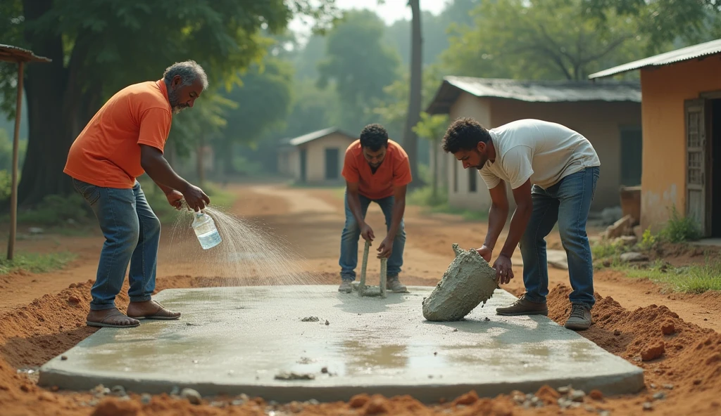 create 16:9 YouTube thumbnail unprofessional cement cricket pitch making, village style, 3people working on main pitch , one with bottle of water, another person sprinkling water, another person with cement , 16:9 YouTube thumbnail , with beautiful background colours