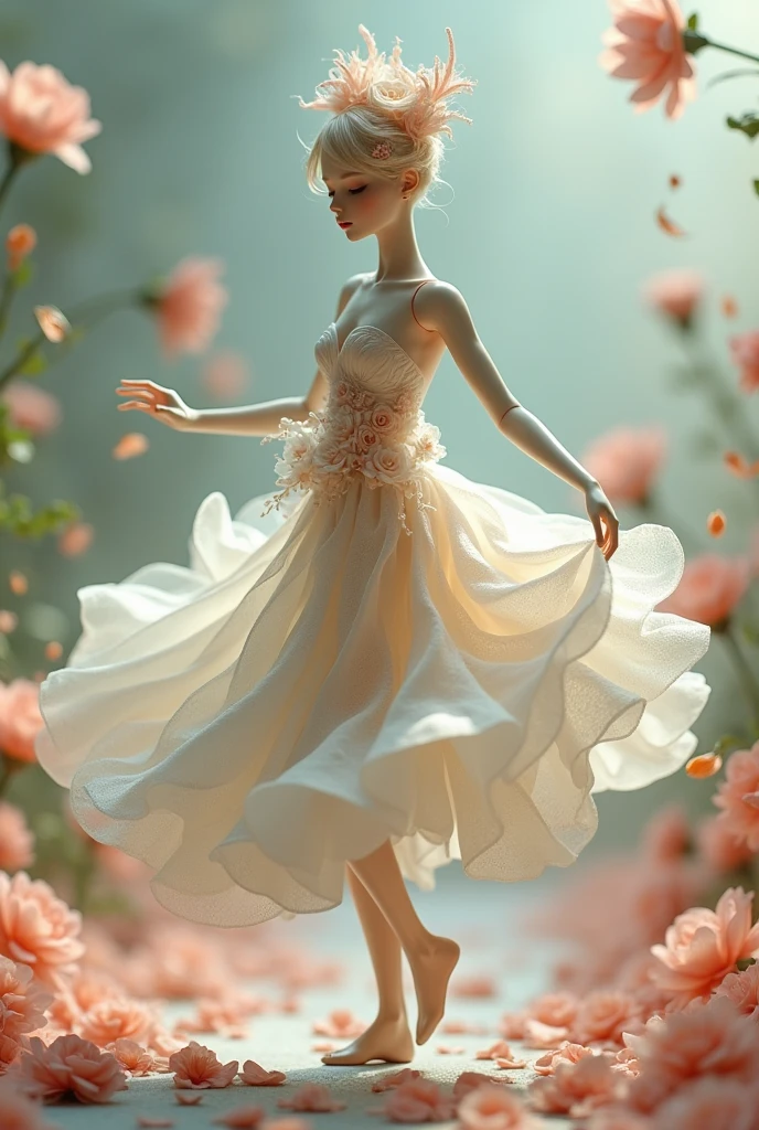 I would like a beautiful doll created with dancing flower petals that transforms as it dances.