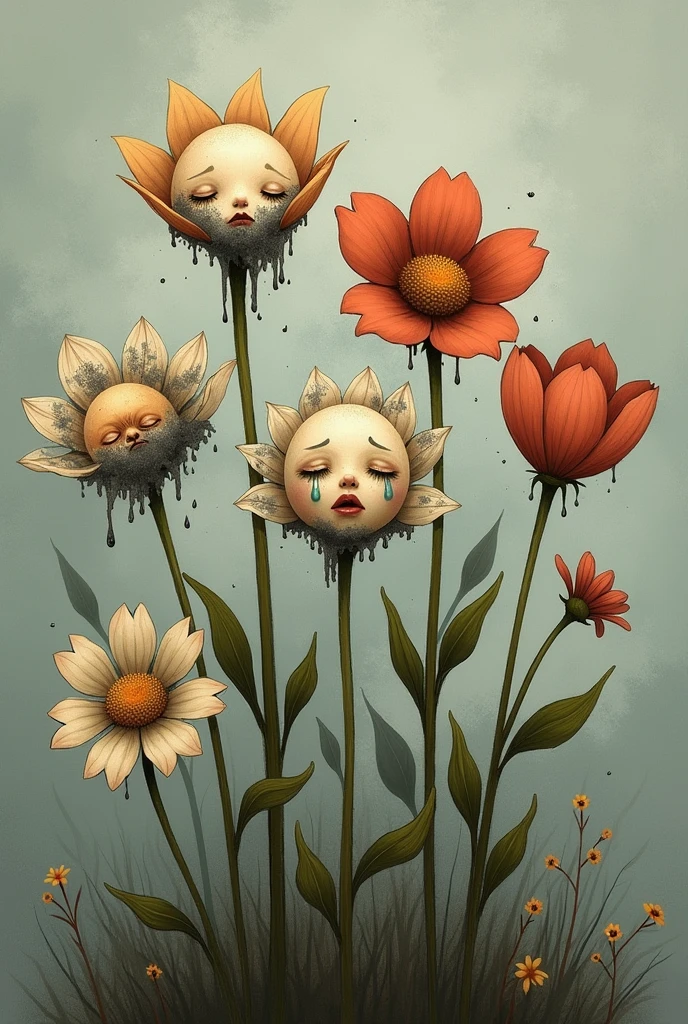 Cute drawing of flowers with sad faces and crying, The flowers should have a gray mold on them