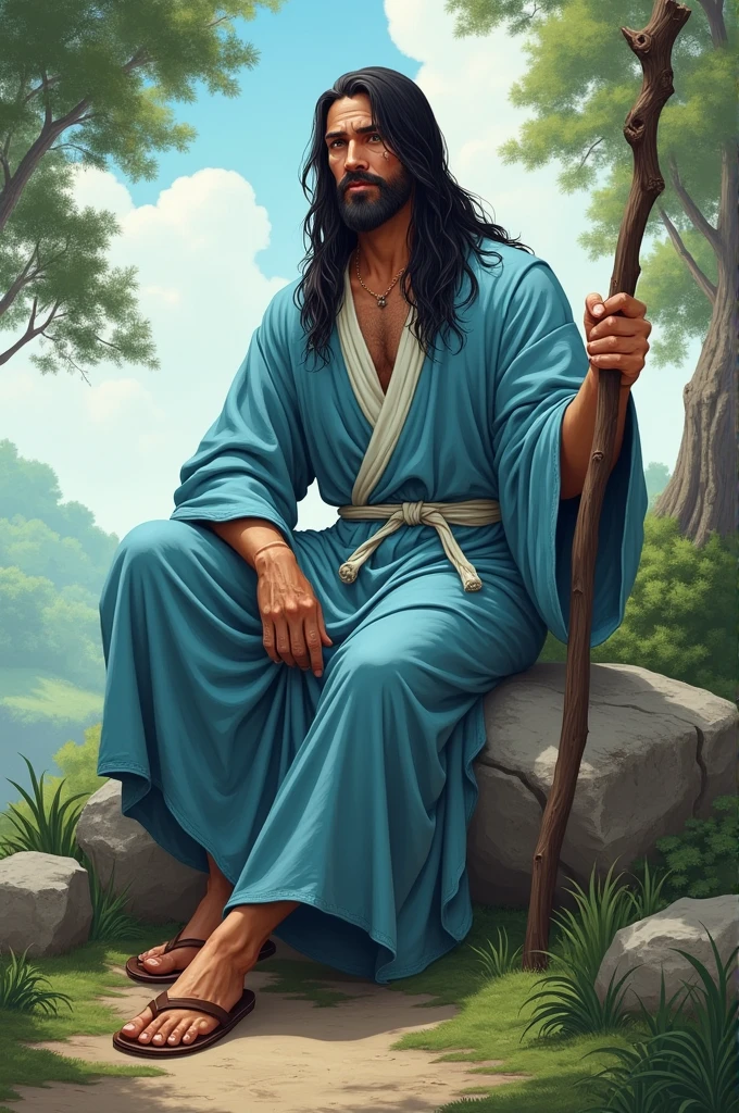 A male adult with long smooth black hair brown eyes with a scar on his left cheek wearing a sky blue robe with a white belt and brown sandals holding a staff sitting on a rock