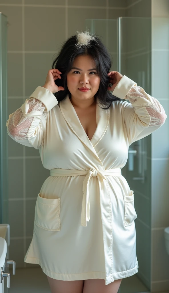 Create an Asian beauty,Wearing a white lace satin bathrobe,Proud and plump figure,Scratching the scalp with both hands,There is a lot of dandruff on the top of the head,The expression is hideous,The characters are realistic and realistic,Bathroom Background,9:16 frames,Ultra-high-definition picture quality