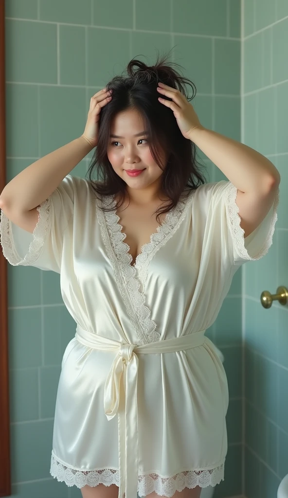 Create an Asian beauty,Wearing a white lace satin bathrobe,Proud and plump figure,Scratching the scalp with both hands,There is a lot of dandruff on the top of the head,The expression is hideous,The characters are realistic and realistic,Bathroom Background,9:16 frames,Ultra-high-definition picture quality