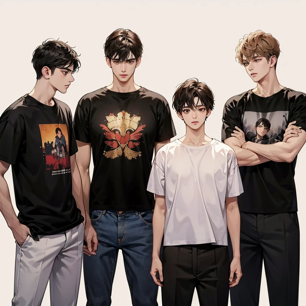 Four boys, black hair, brown eyes, brown background, high resolution, brown hair, stand in a line.., Wear a t-shirt, shut your mouth, handsome, cool,มองตรง