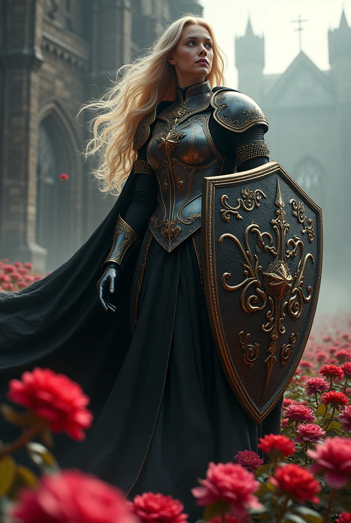 Mulher, sexy, com cabelos encaracoladow, loira, full length wide angle view Glorious Glorious Brigh Monarch King Knight wuth a (Shield:1.5) in a highly detailed Heavy black Knight armor guilded with gold,silver in a High holding a Gold and black and Crimson (Shield:1.5) ; gothic castle background; photorealistic, insanely detailed, meticulous, awe inspiring, magnificent, concept art, dark fantasy, gothic; Anne Stokes, Anna Dittman, Greg Rutowski, Josephine Wal High Gothic Dark Fantasy DarkSouls EldenRings Enchanted:Gothic : watercolor Glorious Brigh Monarch King Knight with a Long warm cloak holding a Long enchanted round (Shield:1.5) in a highly detailed Heavy black Knight armor guilded with gold,silver in a field of Colorfull Roses under an Eclipse ::| hyperdetailed: maximalist ::| Stunning masterpiece::| Jonas De Ro: russ mills, white roses and Blood red Roses under a warm Autumnal Morning Sunlight, Mark Brooks and Dan Mumford, comic book art, perfect, smooth, in Gouache Style, Watercolor, Museum Epic Impressionist Maximalist Masterpiece, Thick Brush Strokes, Impasto Gouache, thick layers of gouache watercolors textured on Canvas, 8k Resolution, Matte Painting