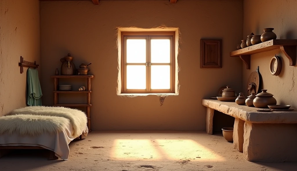 a backdrop for a stage set, it's inside an adobe house, on the right is the stone kitchen, pot and utensils and to the left in the same room is the bed with sheepskin blankets not so exaggerated and above a window,without appliances, that the mud walls can be seen, There is a saddle and a wooden cabinet hanging on the wall.