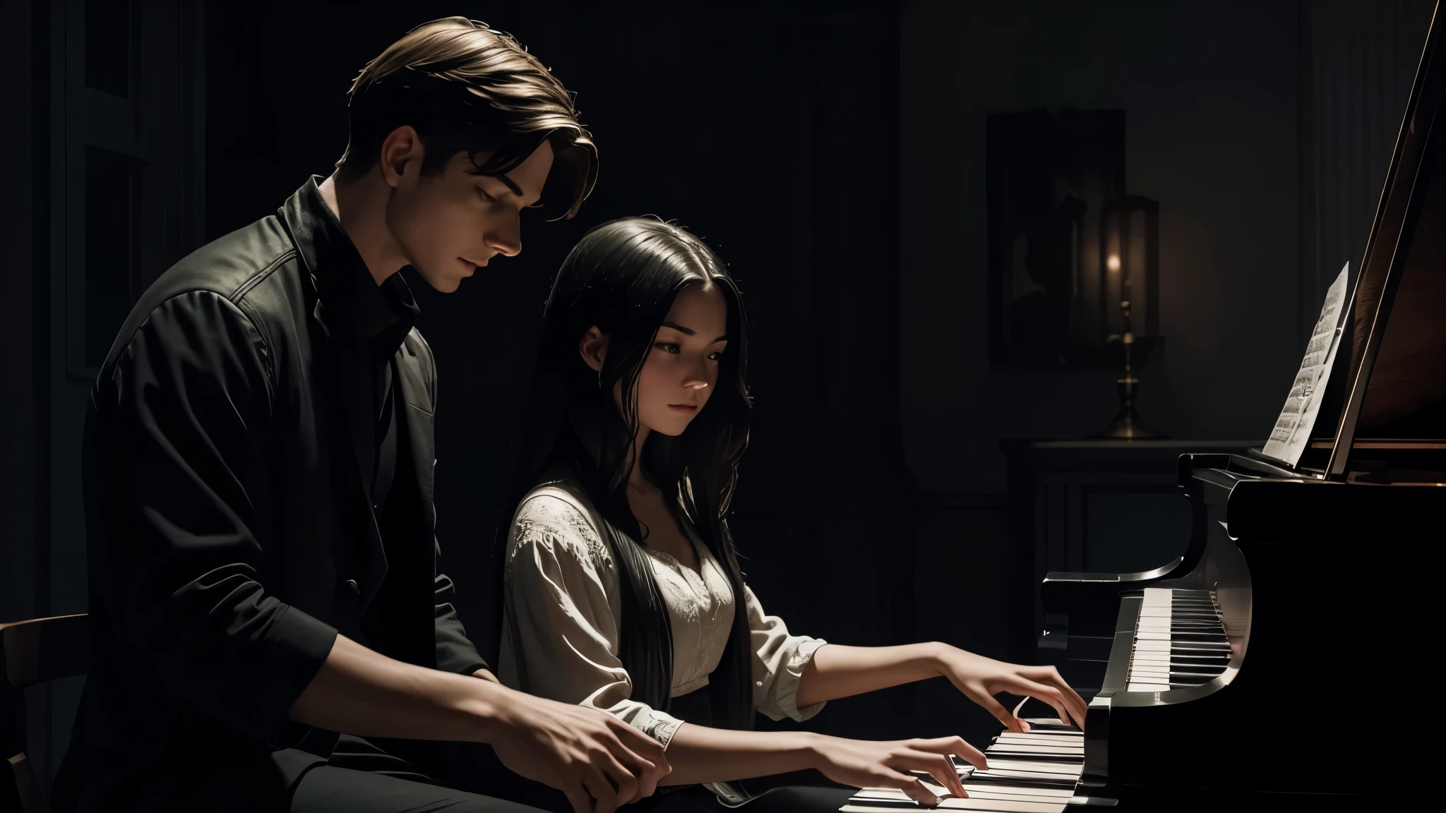 **Prompt**: "A young man and woman playing the piano together in a dark, moody setting. The room is dimly lit with soft, faint light illuminating their faces and the piano keys. Shadows surround them, creating an intense and mysterious atmosphere. Their hands move gracefully over the keys, conveying a deep connection and shared emotion in the dark, intimate environment."