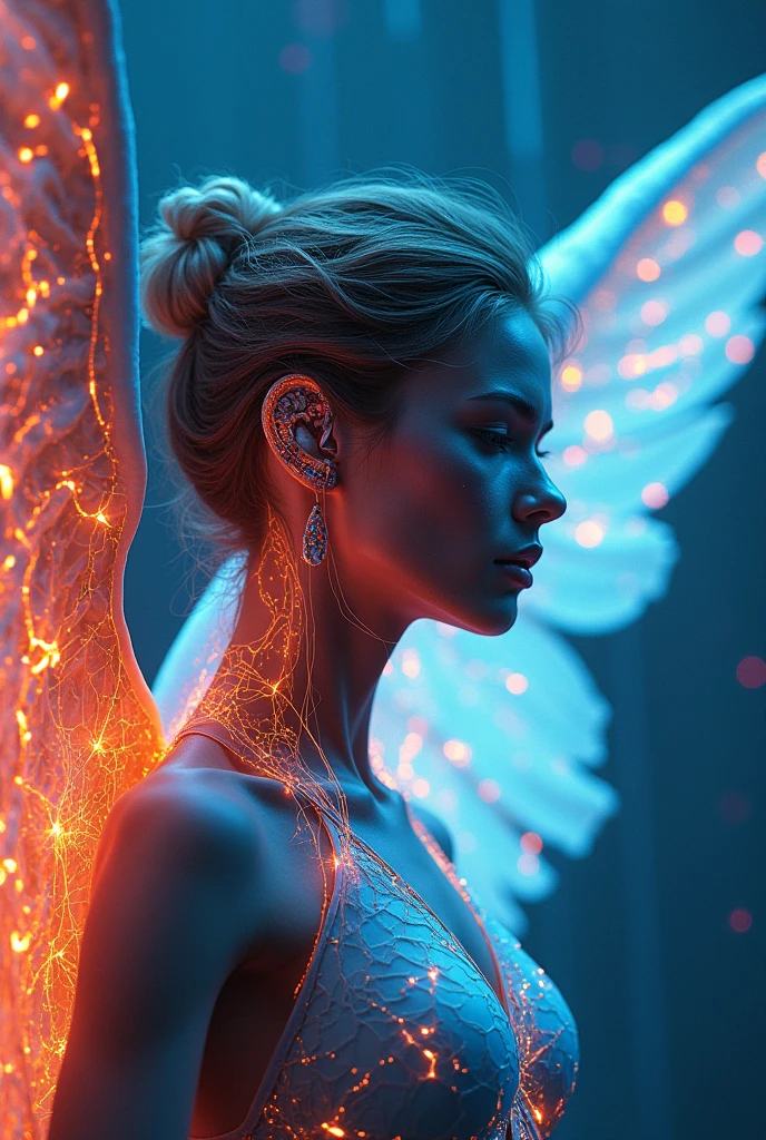 a beautiful electric angel, glowing energy wings, detailed face and expression, dramatic lighting, neon colors, abstract electric circuitry, dynamic pose, intricate mechanical details, futuristic sci-fi style, 8k, photorealistic, cinematic lighting, vibrant colors