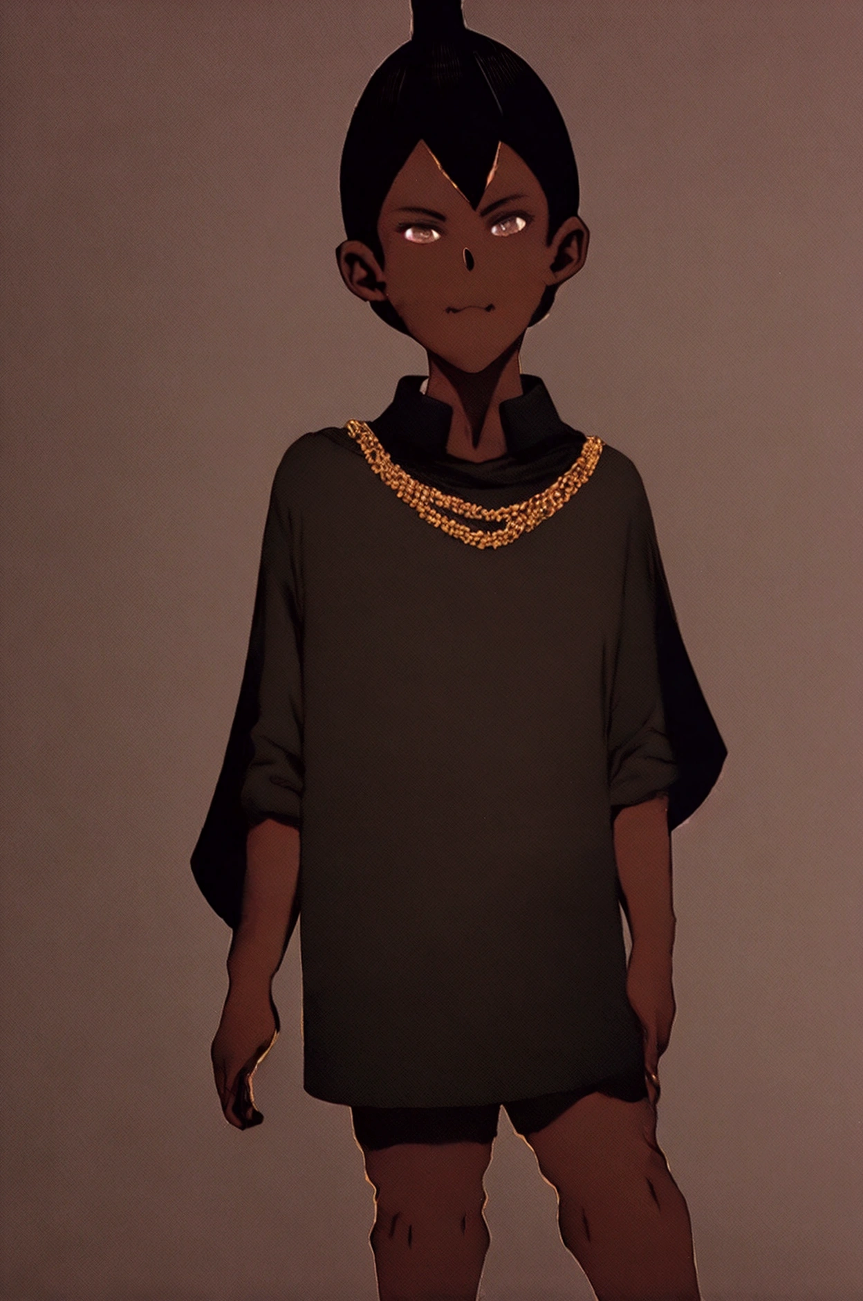 (Boy1),(young),(Full body portrait:1.5),(17 year old teenager),(average physical height),(height 1.80cm),(Dark skin:2.0),(mixed facial caricatures oval face and thick flat nose but a little thin And big mouth but smaller and a little thin),(short curly hair on both sides),(dark brown eyes),(young appearance of a teenager),(Wearing),+,(an 8th century emperor's outfit consisting of a still shiny black cape and black pants with black boots with gold lines and a blouse with black sleeves with gold)