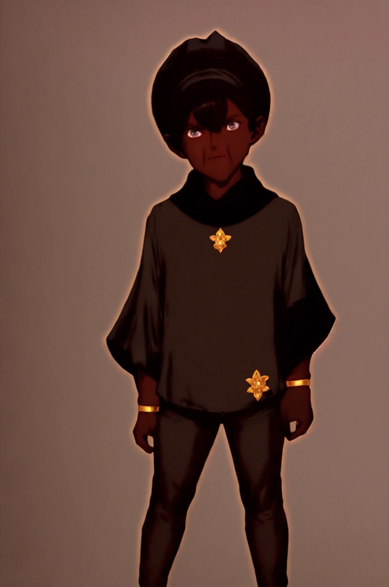 (Boy1),(young),(Full body portrait:1.5),(17 year old teenager),(average physical height),(height 1.80cm),(Dark skin:2.0),(mixed facial caricatures oval face and thick flat nose but a little thin And big mouth but smaller and a little thin),(short curly hair on both sides),(dark brown eyes),(young appearance of a teenager),(Wearing),+,(an 8th century emperor's outfit consisting of a still shiny black cape and black pants with black boots with gold lines and a blouse with black sleeves with gold)