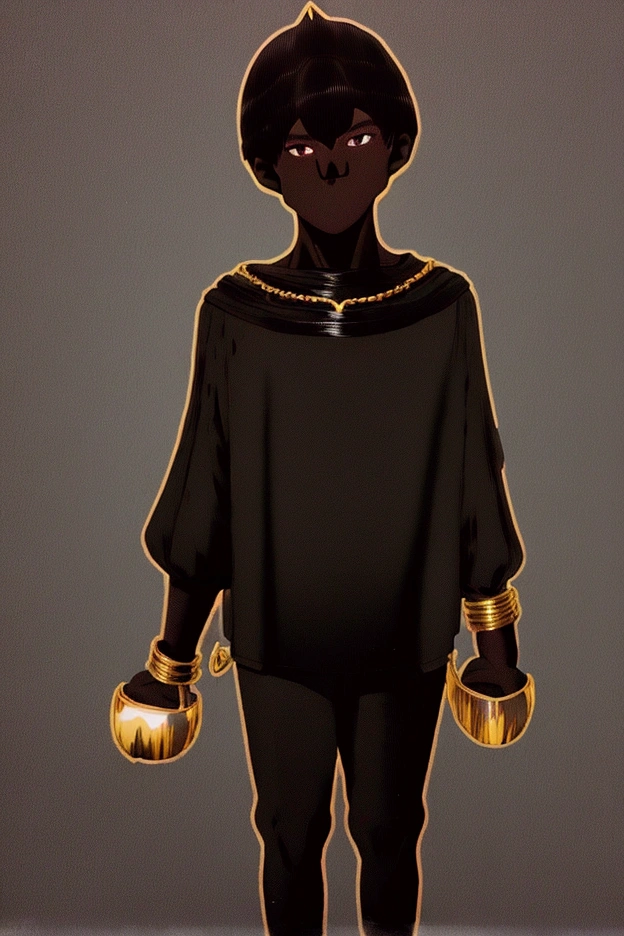 (Boy1),(young),(Full body portrait:1.5),(17 year old teenager),(average physical height),(height 1.80cm),(Dark skin:2.0),(mixed facial caricatures oval face and thick flat nose but a little thin And big mouth but smaller and a little thin),(short curly hair on both sides),(dark brown eyes),(young appearance of a teenager),(Wearing),+,(an 8th century emperor's outfit consisting of a still shiny black cape and black pants with black boots with gold lines and a blouse with black sleeves with gold)