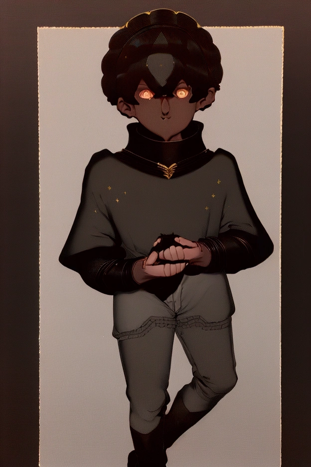 (Boy1),(young),(Full body portrait:1.5),(17 year old teenager),(average physical height),(height 1.80cm),(Dark skin:2.0),(mixed facial caricatures oval face and thick flat nose but a little thin And big mouth but smaller and a little thin),(short curly hair on both sides),(dark brown eyes),(young appearance of a teenager),(Wearing),+,(an 8th century emperor's outfit consisting of a still shiny black cape and black pants with black boots with gold lines and a blouse with black sleeves with gold)