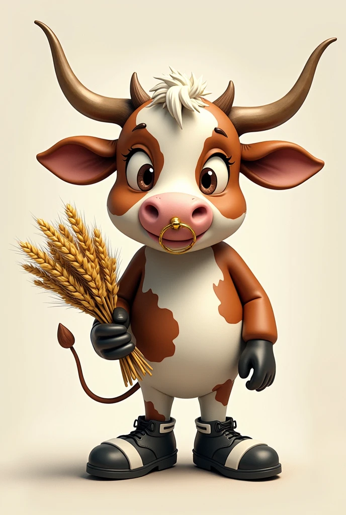 Personnage inspiré d'une vache cartoon avec des tache marrons est blanche des corne fine sur sa tête du blé sur sa bouche des soulier noir est blanc sur s'est sabot des sabot en main une bague d'or sur sont nez est que le personnage a un côté un de cartoon est un côté de vache homme dangereux