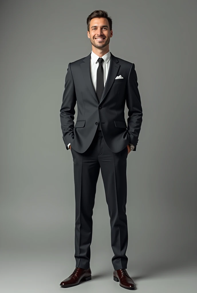 A man in a suit and tie, with a sweet face, full body.