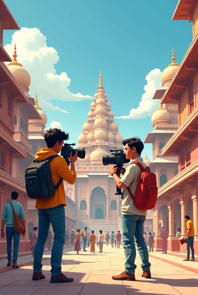 animation of two person filming indian buildings