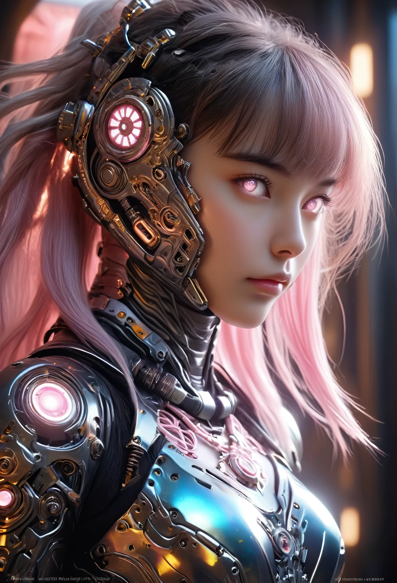 (Best Quality, 4K, 8K, High Resolution, Masterpiece: 1.2), (Super Detailed, Realistic, Photorealistic:1.37), A woman in futuristic clothing, Trending on cgstation, Trending on cgstation, (Portrait of a girl in the Knights of the Zodiac:1.4), blunt bangs, Cute Cyborg Girl, Perfect android girl, Portrait Astronaut Girl, Beautiful girl cyborg, (Girl wearing iridescent pink mechanical cyber armor:1.3), Game CG, cgsociety and fenghua zhong, Beautiful Cyborg Shrine Maiden, Bioluminescence, (Yua Yaiba:0.5), (Golden eyes:1.5), Anatomically correct grip, (Sharp and long claws:1.4), erotic and sexy, black  