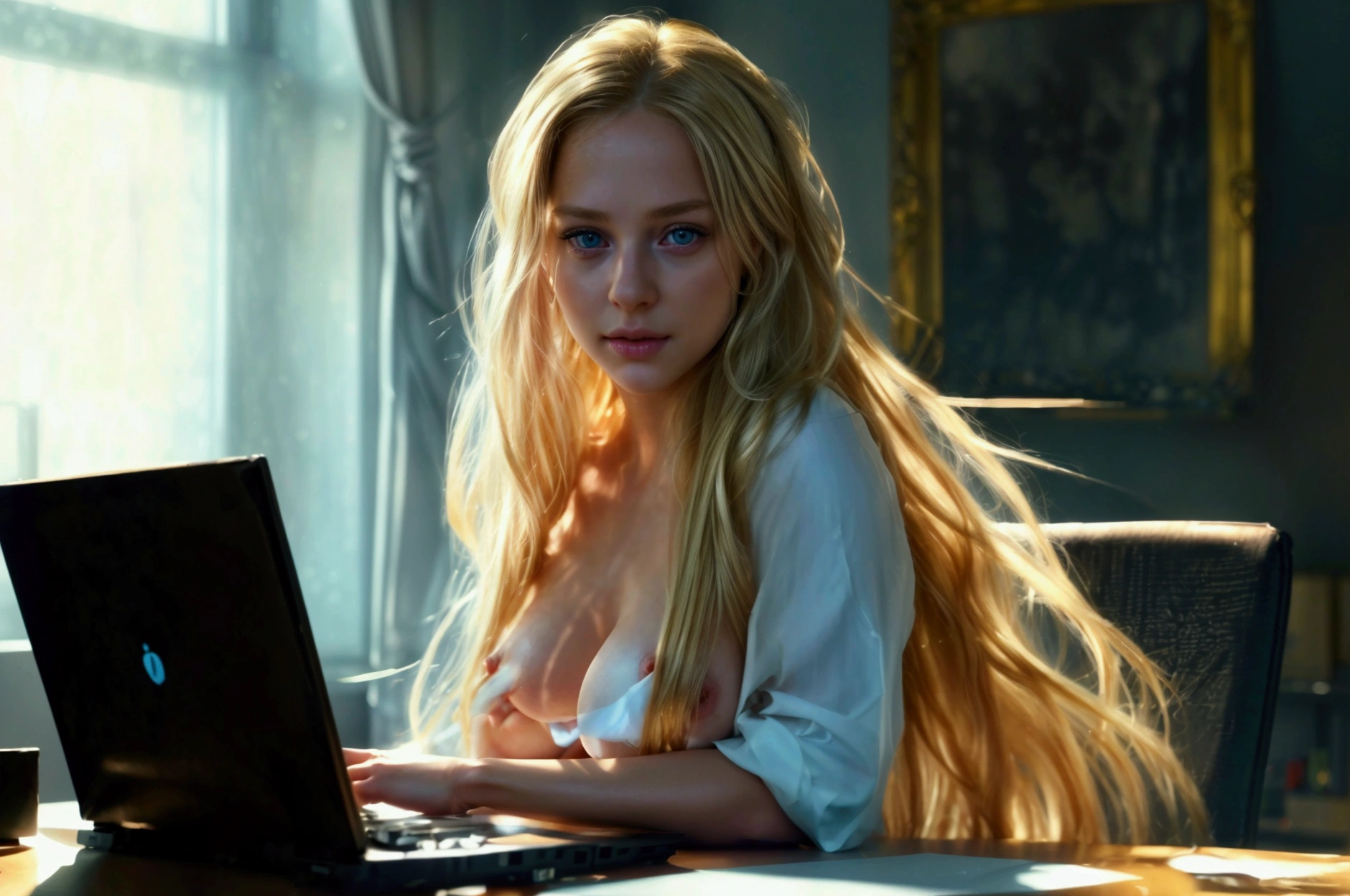 a beautiful girl with long blonde hair, detailed eyes, nose, and lips, ((full body view)), ((full naked)), ((riding a dildo)), in her office, (sitting on her desk), (completely naked), ((spreading her legs)), hp computer (best quality,4k,8k,highres,masterpiece:1.2),ultra-detailed,(realistic,photorealistic,photo-realistic:1.37),HDR,studio lighting,extremely detailed face and body, portrait,cinematic lighting,dramatic lighting,warm color tones, dramatic colors