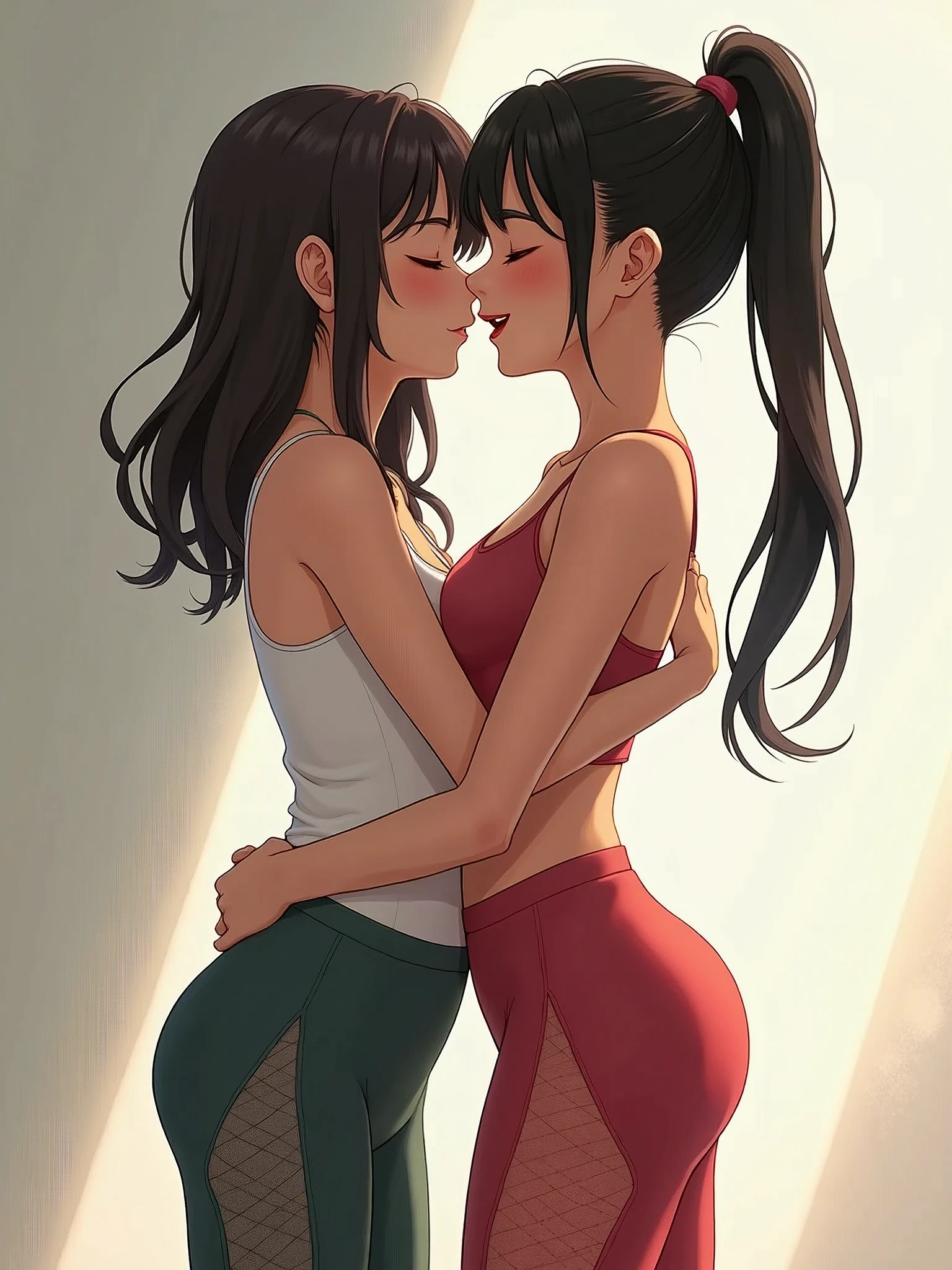 two girls anime in leggins kisiing ahegao