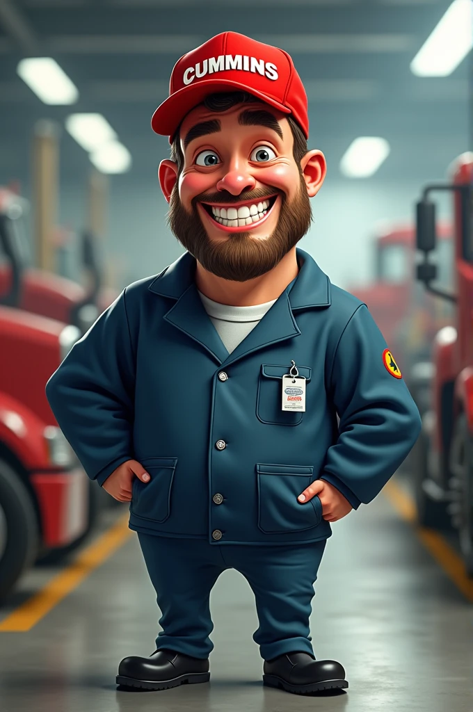 create an image of a man with very large teeth, the man has a goatee and is smiling. wears a red cap with the word "CUMMINS" writing on the cap. wears a navy blue lab coat, navy blue pants, black shoes. the background is a truck industry. caricature style image