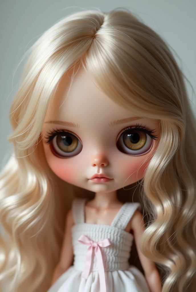 Blythe doll with layered hair, but wavy and medium, brown eyes