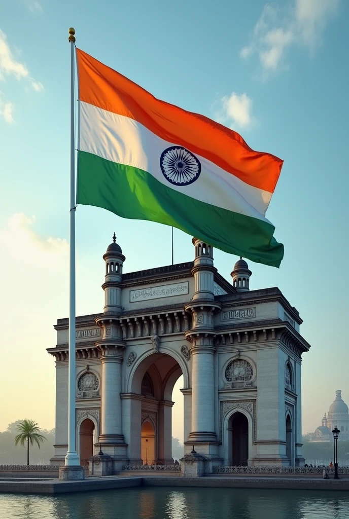 Indian flag hoting in Gateway of India Taj Hotel Mumbai glass