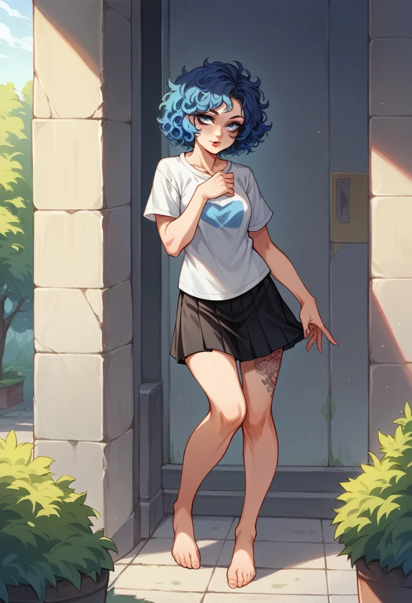 Full body view, Anime style, 1women, seductive expression, bright red lips, sexy tattoo on hand, neck and lap brunette, black and blue multi colored hair, short hair , wavy hair, messy hair, curly hair, black eye liner, blue eye shadows makeup, beautiful detailed blue eye, white t-shirts, black short flowy line skirt, sexy neckline, large neckline, standing in a park
