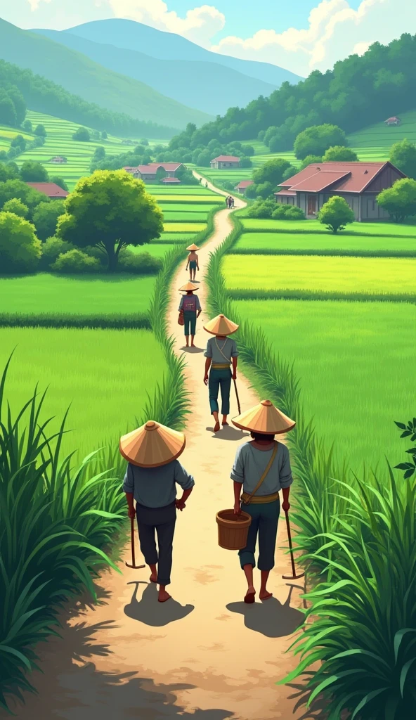 Men in farmer's clothes,Wearing a conical hat and holding a sickle, they walk down the small village road., on both sides are green fields.hình 2d