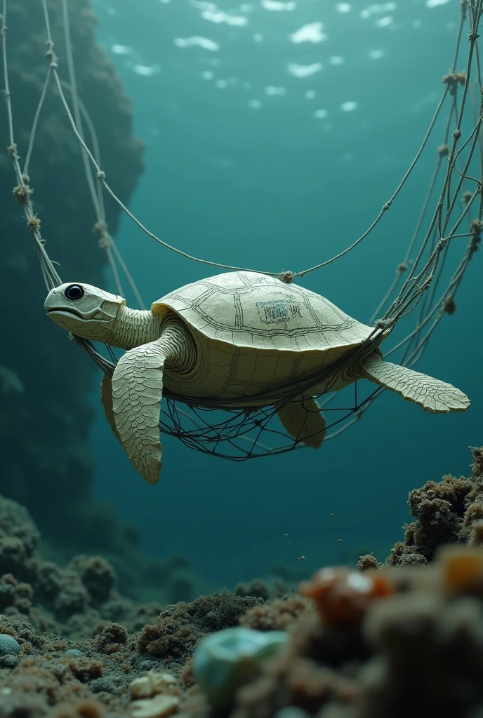 origami crush paper crying turtle trap in a net on the ocean full of garbage, (perspective view) black ink tears from eyes, text on paper says "help me", close-up, dirty arrecife, crystal water, emotional scene, realistic, cinematic lighting and dramatic atmosphere,