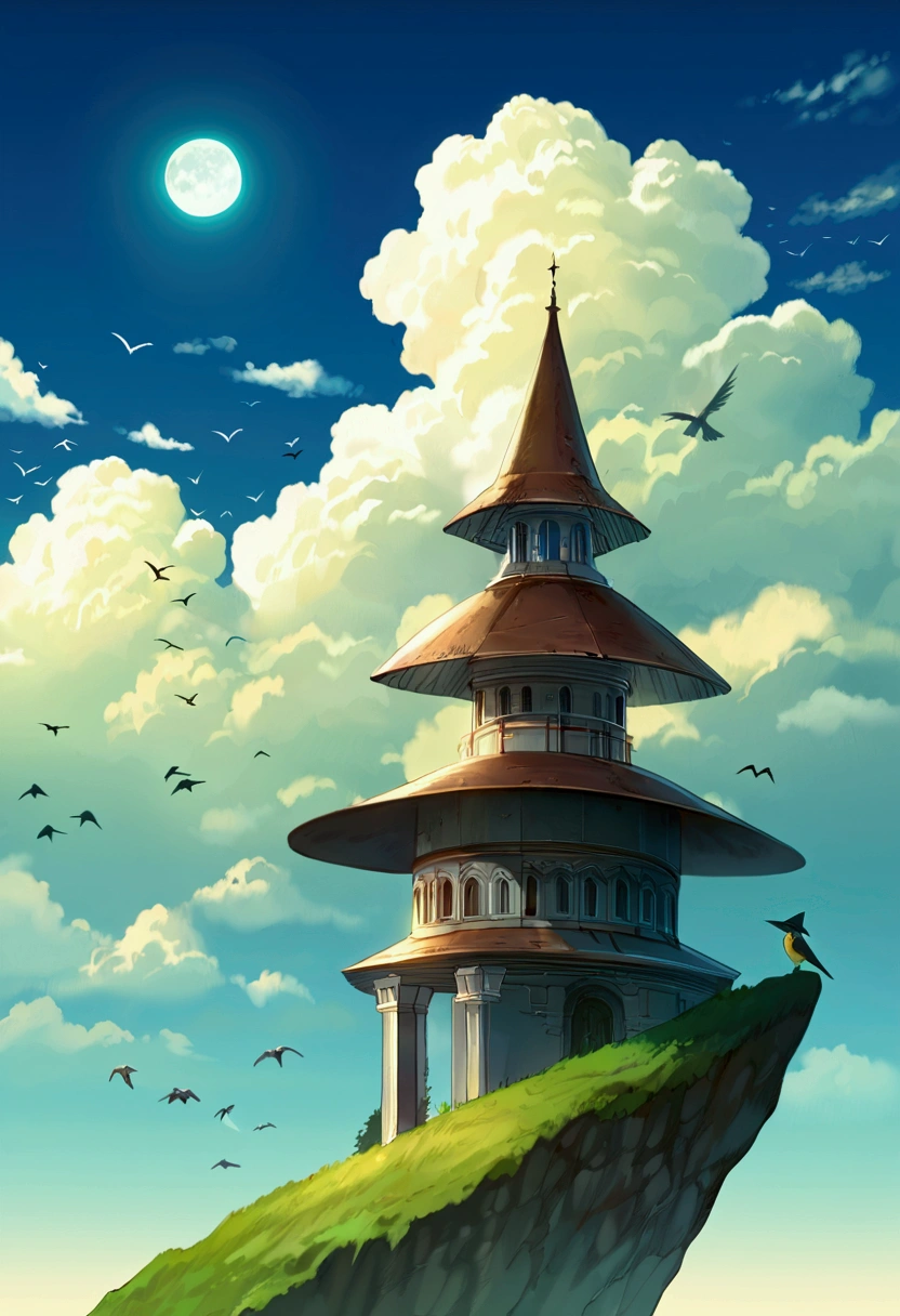 best quality, highly detailed, masterpiece, ultra-detailed, cloud, witch_hat, hat, 1boy, sky, blue_sky,day, long_hair, cloudy_sky, moon,bird, solo, silver_hair, witch, outdoors