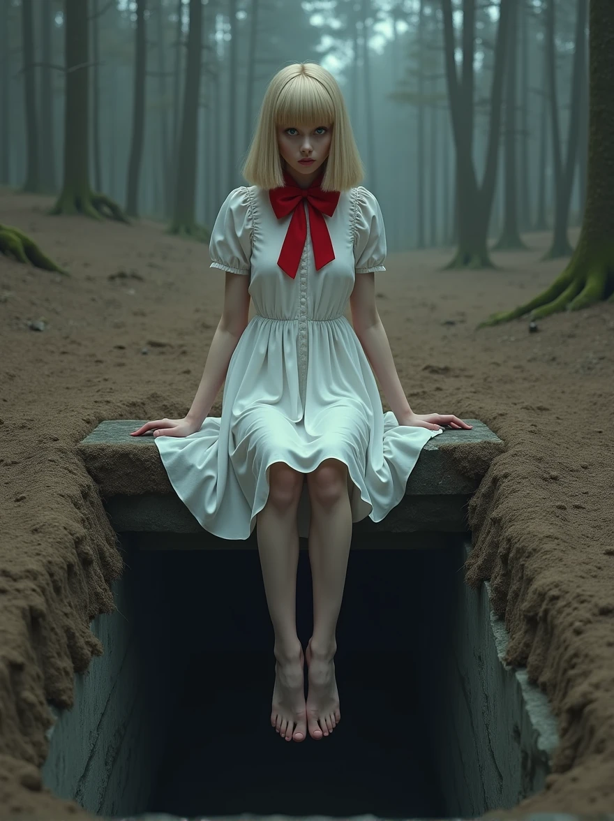 (Photorealism:1.1), Young woman, blonde, square hairstyle, Long legs, Beauty, dressed in a white dress, gray eyes color, background dry gloomy forest, view from the bottom of the grave, Young woman сидит на краю могилы свесив ноги, looks into the middle of the grave, on her neck a red bow, grave is dug in the ground, grave edges soil, photo angle 3/4