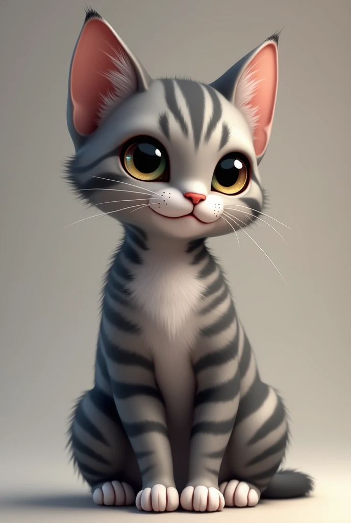 Create an image of a completely gray cat with stripes, white paw pads, brown eyes with a hint of green in the center, super cute, precious, and adorable with very pointy ears and white tips on the ears, sexy and slender.