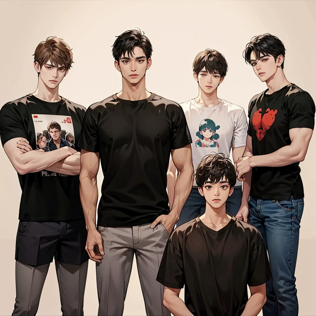 Four boys, black hair, brown eyes, brown background, high resolution, brown hair, stand in a line.., Wear a t-shirt, shut your mouth, handsome, cool,มองตรง