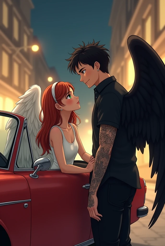 Background of an elegant city at night with neutral colors and warm lights, eighteen-year-old boys,girl with a white dress and white angel wings on her back, how does she dress, a headband, redhead with her hair semi-loose,green eyes, parts, she is blushing, She is sitting in a red car, together with a black-haired boy, well-built, grey eyes, tattoos on arms, with a black button-down shirt and black pants and black angel wings, He is standing in front of her,He is laughing happily and she looks at him with tenderness,semi-realist, literary character