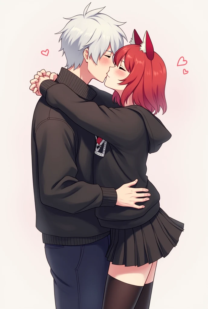 Anime drawing of a male femboy character with red hair, cat ears, black sweatshirt, black skirt with tights kissing a guy with white hair.