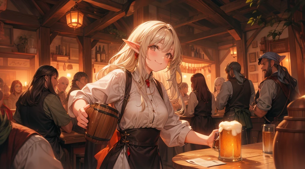 An illustrated scene set in a lively fantasy tavern at twilight. The focus is on a cheerful elf waitress, a young woman with long flowing hair and pointed ears, wearing a traditional tavern outfit. She is smiling warmly as she carries a large tray of mugs filled with beer, distributing them to a diverse group of patrons gathered around a round wooden table. The background shows a bustling tavern filled with various races, including humans, dwarves, and elves, all engaged in lively conversation. The setting is cozy, with a warm glow from lanterns and a large hearth, casting a soft, inviting light. The overall mood is vibrant yet warm, with a mix of soft browns, golds, and oranges to reflect the twilight hour.