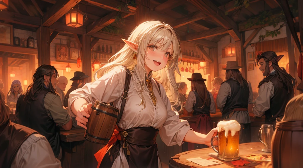 An illustrated scene set in a lively fantasy tavern at twilight. The focus is on a cheerful elf waitress, a young woman with long flowing hair and pointed ears, wearing a traditional tavern outfit. She is smiling warmly as she carries a large tray of mugs filled with beer, distributing them to a diverse group of patrons gathered around a round wooden table. The background shows a bustling tavern filled with various races, including humans, dwarves, and elves, all engaged in lively conversation. The setting is cozy, with a warm glow from lanterns and a large hearth, casting a soft, inviting light. The overall mood is vibrant yet warm, with a mix of soft browns, golds, and oranges to reflect the twilight hour.